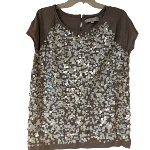 Loft Short Sleeve Taupe Blouse with Silver Disks on Front - Medium - Picture 1 of 5